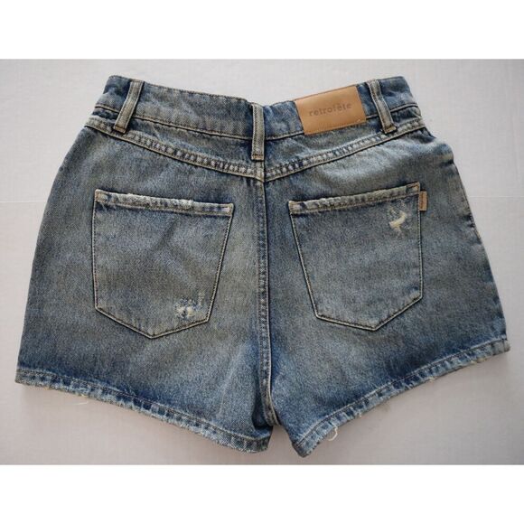Retrofete Women's Sz 26 Blue Medium Wash Distressed High Waist Denim Shorts - Picture 2 of 5